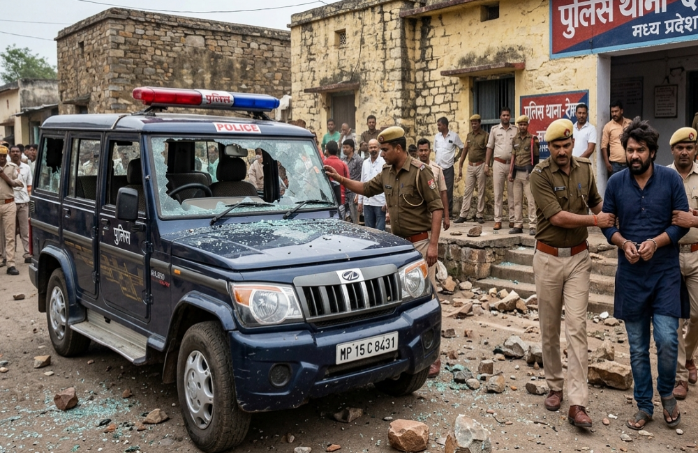 थाने पर नशे में धुत युवक का पथराव, पुलिस वाहन के शीशे टूटे